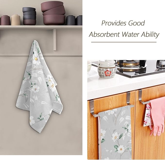 White Grey Blossom Flower Hand Towels for Bathroom Set of 2,Gray Green Leave Branches Floral Decorative Bathroom Towels for Bath,Face,Hair,Soft Absorbent Dish Towels for Kitchen Decor 28"x14"