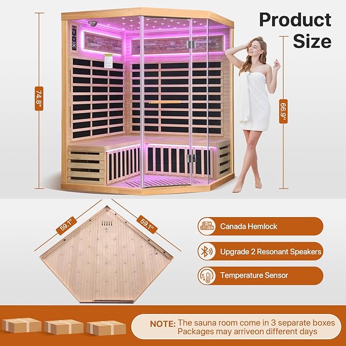 OUTEXER Sauna Corner Saunas for 4-5 Person 240V Home Indoor Canadian Hemlock Far Infrared Saunas 2595W Low-EMF Dry Saunas with 7 Color Starry Sky Ceiling Light Therapy 59 * 59 * 74.8inch