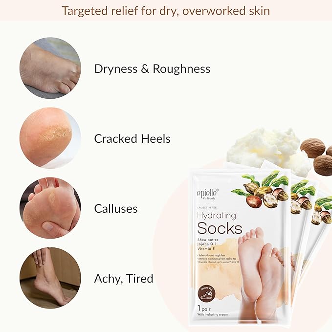 Epielle Hydrating Foot Mask 6 Pairs, Relieve and Soften with Shea Butter & Jojoba Oil, Deep Moisturizing Socks for Dry, Cracked Feet, Self Care Gifts for Women, Spa Kit, Mothers Day Gifts
