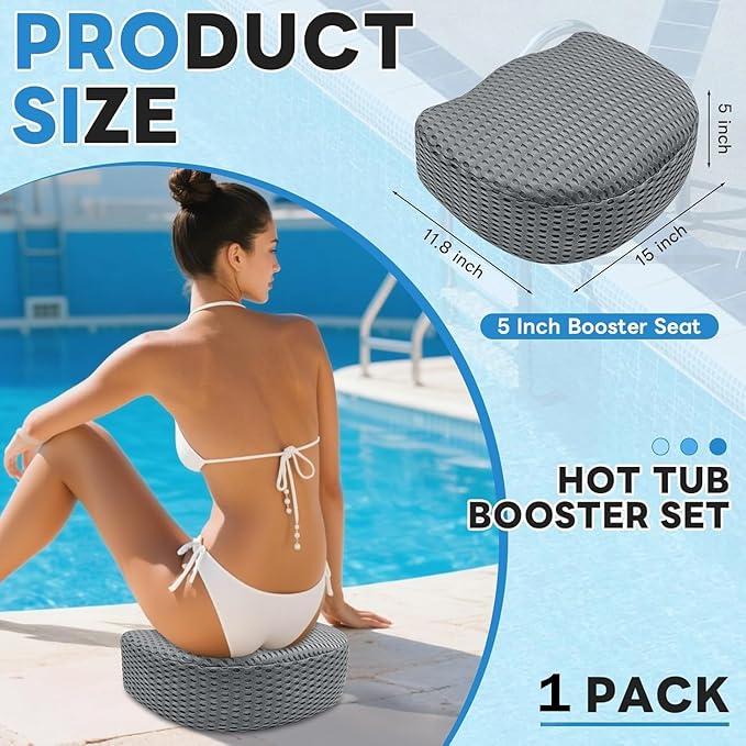 Hot Tub Booster Seat for Adults, Weighted 5" Extra Thick Spa Cushion, 4+ lbs Core Stays Submerged No Floating, 3D Air Mesh Quick Dry, Non-Slip Seat Riser for Jacuzzi, Bathtub & Outdoor Spa(Grey)