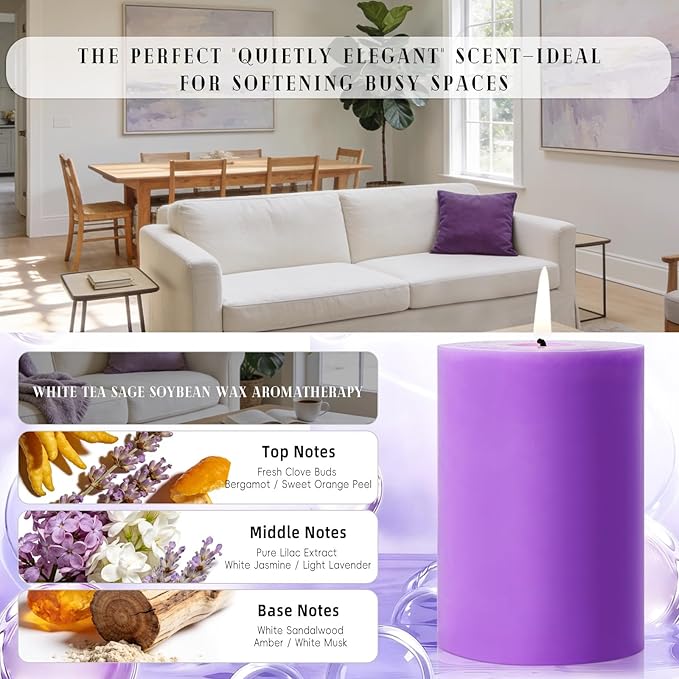 4 Pack Lilac Scented Soy Pillar Candle 2.8x4In,240H Long Burn,Natural Spring Floral Aromatherapy Hand-Poured Candles for Stress Relief,Relaxation & Home Decor,Mother’s Day Gifts,Smokeless & Non-Toxic