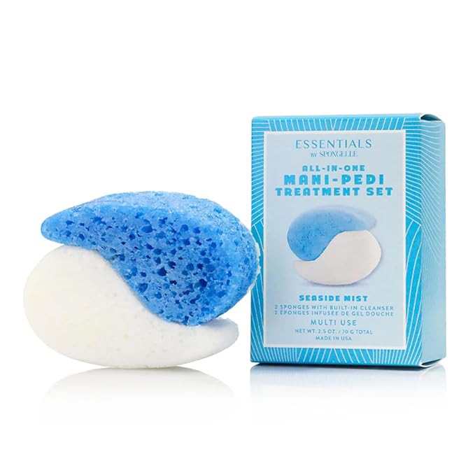 Spongellé Essentials Seaside Mist Fields Mani/Pedi Buffer | Exfoliating Foot & Nail Scrub | Cleanse, Exfoliate, and Nourish in one easy step | Cruelty-Free, Vegan, Dermatologist-Tested, Made in USA