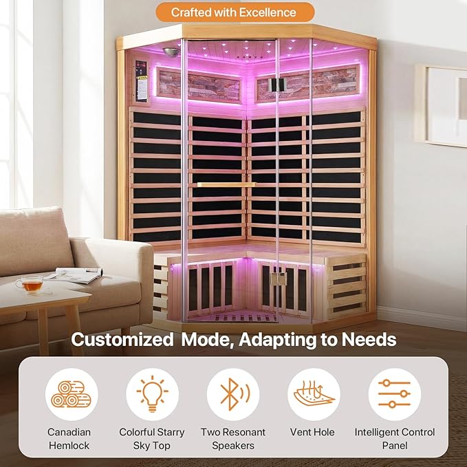 OUTEXER Sauna Corner Saunas for 2-3 Person 120V Home Indoor Canadian Hemlock Far Infrared Saunas 1935W Low-EMF Dry Saunas with 7 Color Starry Sky Ceiling Light Therapy 47.2 * 47.2 * 74.8inch