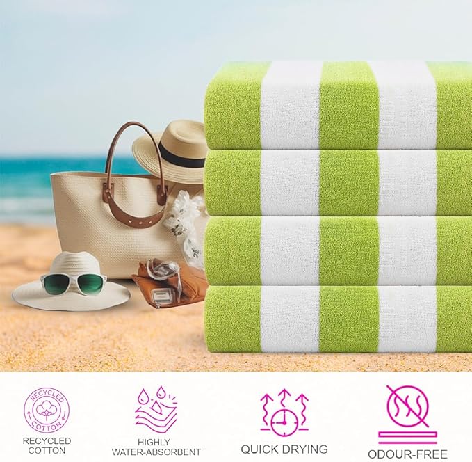 CASA COPENHAGEN Cabana Towel 4Pcs Green Designer Stripe Beach Towels Gift Set, 30"x60" Oversized 100% Cotton Pool Bath Towel for Beach Gift Set (Perfect Summer Gift Set for Women & Men)