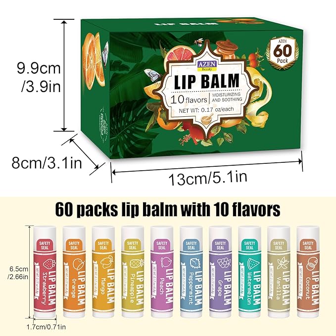 AZEN 60 Pack Lip Balm, Natural Lip Balm Bulk, Lip Care Product, Moisturizing Lip Balms for dry cracked lips, Mothers Day Gifts Easter Basket Stuffers - 10 Flavors