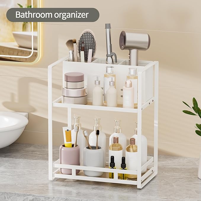 SanDream Hair Tool Organizer Bathroom Countertop, 2-Tier Metal Bathroom Organizer with Blow Dryer Holder, Large Capacity Space-Saving Vanity Shelf for Perfume, Skincare & Makeup Storage (White)