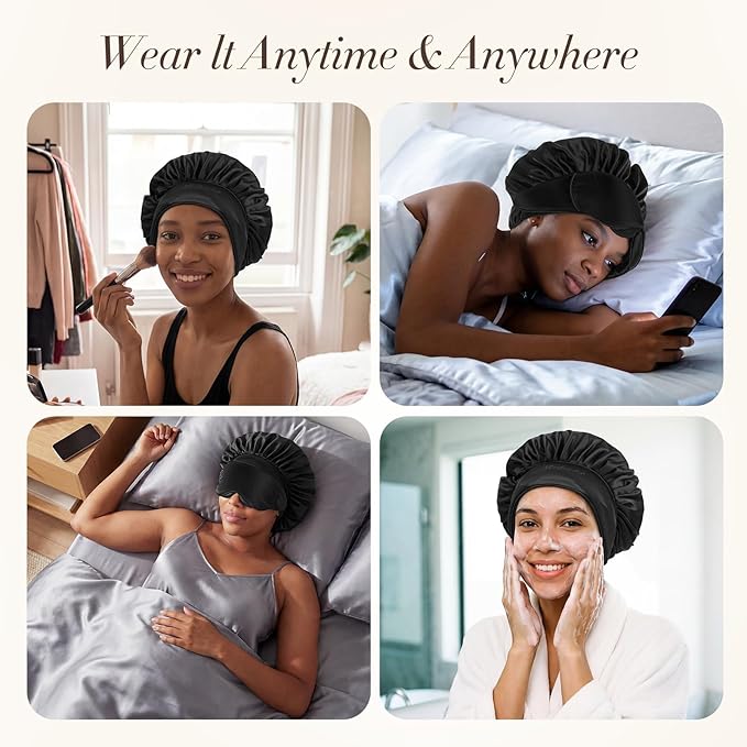 LC-dolida Satin Silk Bonnet for Sleeping Women Men, Hair Bonnet for Curly & Natural with Sleep Mask, Reduce Frizz