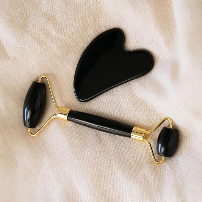ROSELYNBOUTIQUE Gua Sha Facial Tools & Face Roller Original Face Massager for Puffiness Wrinkless Skin Care Routine - Self Care Gift for Men Women (Black Obsidian)