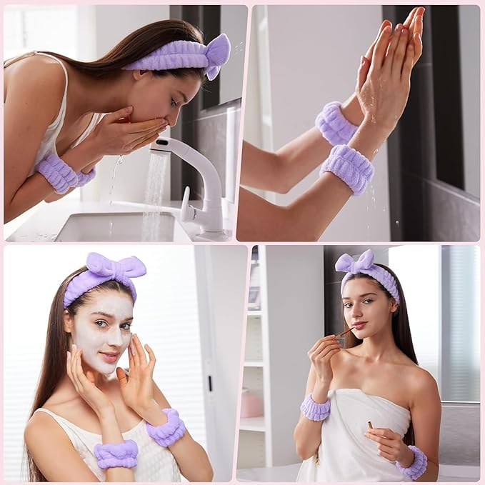 6 Pcs Elastic Microfiber Spa Headband Set for Women - Makeup, Skincare, Face Wash Wristbands, Beauty (Purple)