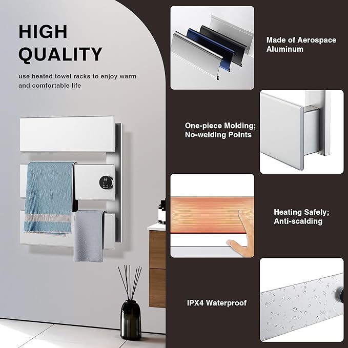 K&KALONZO Electric Towel Warmer, 18.35" W x 22.8" H Wall-Mounted Towel Heater with Built-in Timer, Waterproof Aluminum Towel Warmer for Bathroom, Support Plug-in and Hardwired, Silver, K3-R-S