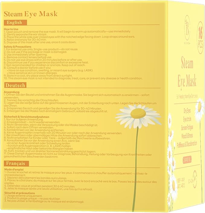 16 Pack Chamomile Steam Eye Mask for Dryness, Puffiness, Strain & Relaxation, Heated Eye Mask for Sleep & Travel, Self-Heating & Disposable Warm Compress, Travel Essentials, Relaxation Gifts for Women