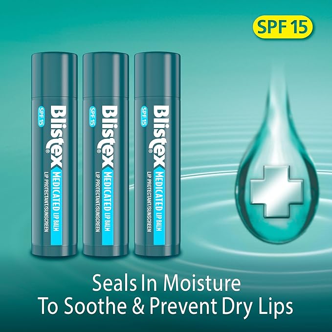 Blistex Medicated Lip Balm, 0.15 Ounce, Prevent Dryness & Chapping, SPF 15 Sun Protection, Seals in Moisture, Hydrating Lip Balm, Easy Glide Formula for Full Coverage, 3 Count, (Pack of 2)