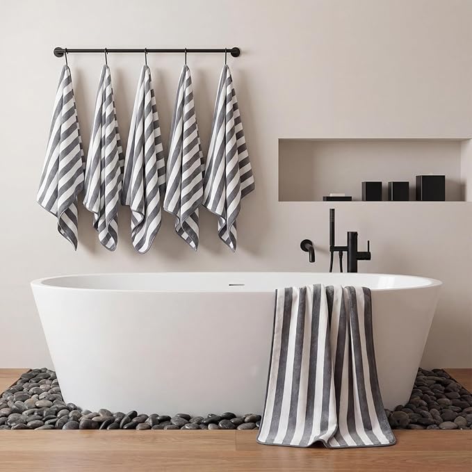 SmoothNovelty 16 Pack Microfiber Bath Towels Bulk 27'' x 60'' Oversized Size Bath Towel Highly Absorbent Extra Large Soft Drying for Beach Shower Summer Salon Sport Gym Party (Stripe,Dark Grey)