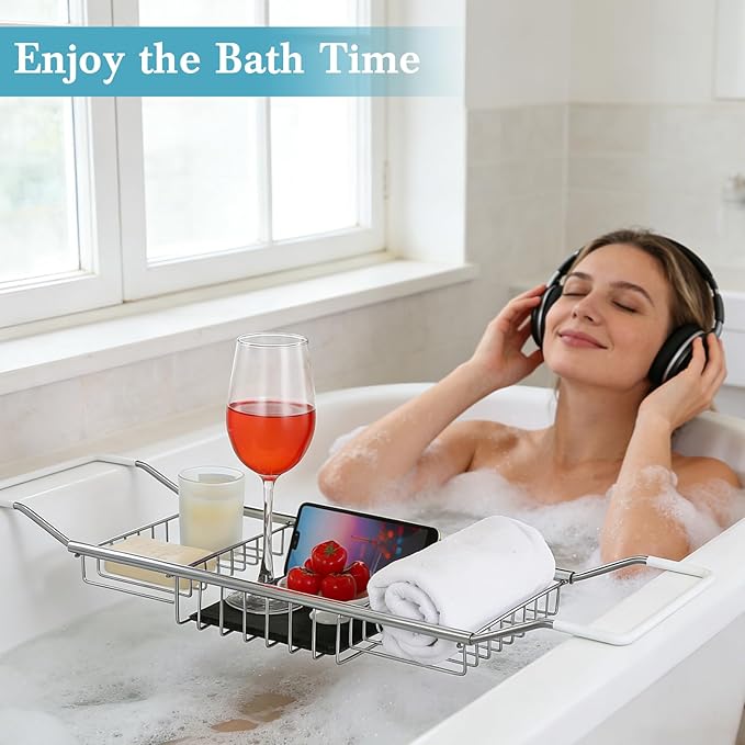 Cabilock Stainless Steel Expandable Bathtub Tray, Chrome Polished Telescopic Bath Tub Shelf, Bathroom Organizer for Soap, Shampoo, Phone and Sundries