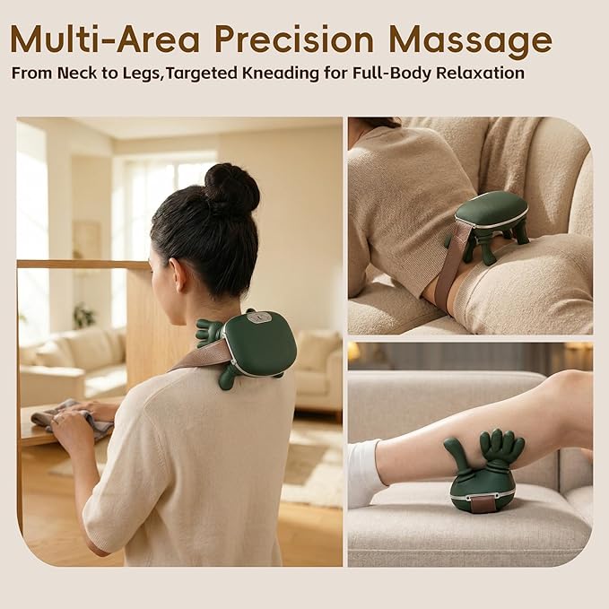 Shoulder and Neck Massager with Heat, 4D Deep Tissue Massage with Finger Pressure for Back, Neck & Shoulder, Portable Compact Design to Relieve Muscle Fatigue and Stiffness, Green