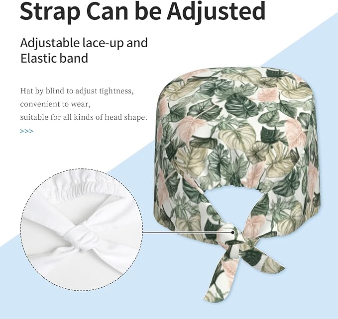 Scrub Cap for Women and Men Boho Black Leaf Pattern Adjustable Breathable Sweatband Hat for Work Kitchen Spa Shower Daily Use
