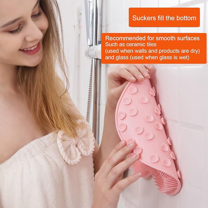 2 Pack Shower Back & Foot Scrubber, Wall Mounted Back Scrubber Silicone Bath Massage Cushion Brush with Suction Cups, Bathroom Wash Mat Exfoliating Dead Skin Brush (L-Blue Grey)