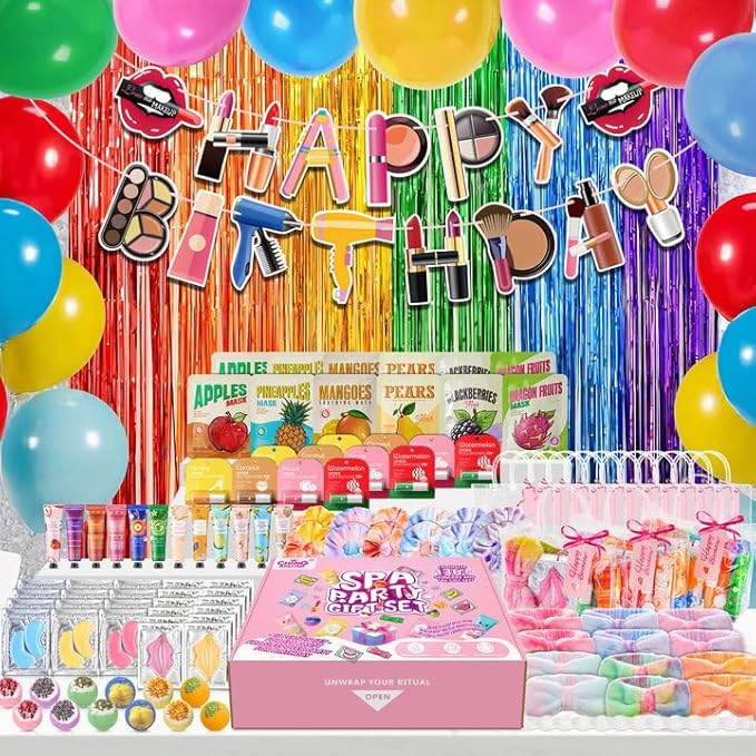 159Pcs Spa Birthday Party Decorations Kit-12 Spa Kits (Face/Lip/Eye/Hand/Foot Care) + Birthday Essentials (Banner,Balloons,Curtains)–Ideal for Birthdays,Sleepovers,Slumber Parties & Relaxation