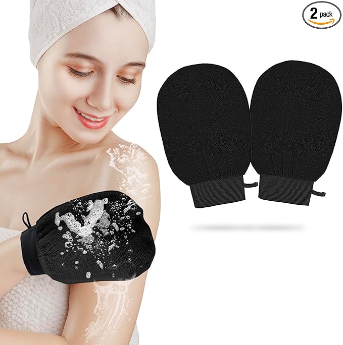 1 Pair Exfoliating Glove, Scrubbies for Body, Body Exfoliator, Exfoliating Washcloth（Black+Black）
