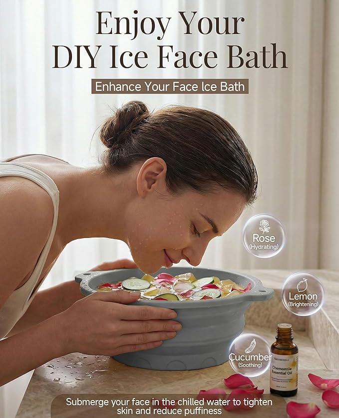 Face Ice Bath Bowl with Built-in Ice Tray, Foldable Silicone Face Bowl for Ice, Reusable Small Ice Facial Bowl for Puffiness Reduction, Skin Tightening, Acne Relief, Spa Tool for Home, Travel