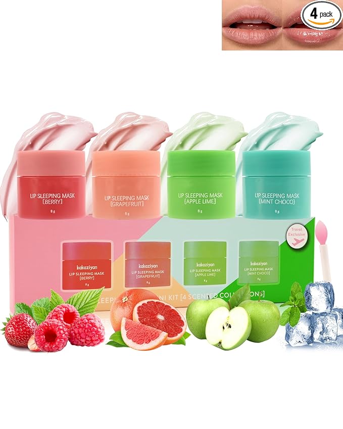 Lip Sleeping Mask Set-4 Pcs Moisturize & Nourish Lip Balm,Repair for Dry Cracked Lips,Deep Hydrating Lip Moisturizer Overnight Lip Blam,Treatment Lip Care Makeup Gift Kit for Women Men
