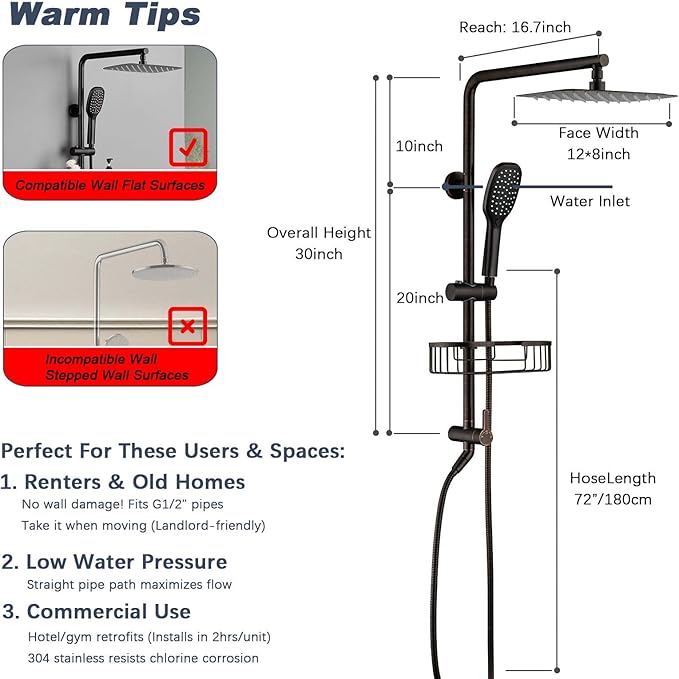 SonTiy Rain Shower Head System with Handheld Spray, 360° Adjustable Shower Arm Exposed Showerhead Kit with Caddy for Whole Family, Brushed Gold, Oil Rubbed Bronze