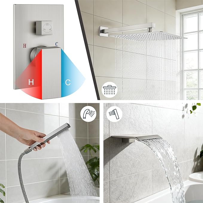 Midanya Shower System with Tub Spout,Bathtub Shower Faucet Set with Square Rainfall Head and Handheld Sprayer Wall Mount Tub Faucet Set with Valve and Trim Kit,16 Inch Brushed Nickel