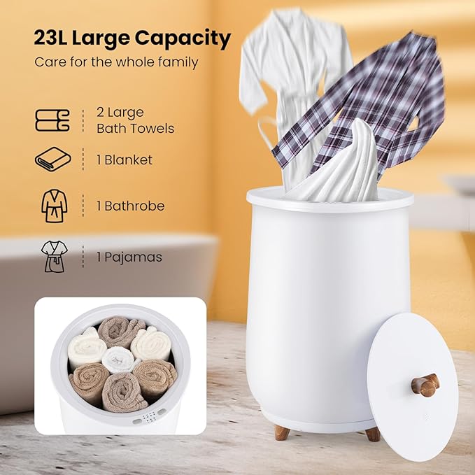 Tangkula Towel Warmer Bucket, 23L Large Luxury Bucket-Style Towel Warmer w/Fragrant Disc Holder, ETL Certified Bath Heater w/3-Level Heating, 20/40/60/90 Min Timer & Auto Shut Off (handle, 23L, White)