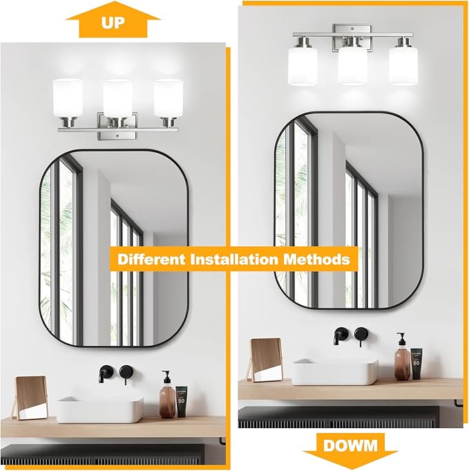 Unicozin 3-Light Bathroom Light Fixtures, Modern Brushed Nickel Vanity Light Over Mirror, Wall Sconces with Milky White Glass Shades for Living Room Bedroom Hallway E26 Base