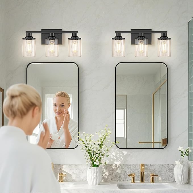 L LOHAS LED 3-Light Bathroom Vanity Light, 17 Inch Matte Black Bathroom Lighting with Clear Glass Shade, Modern Vanity Light Fixtures Over Mirror for Living Room, Hallway