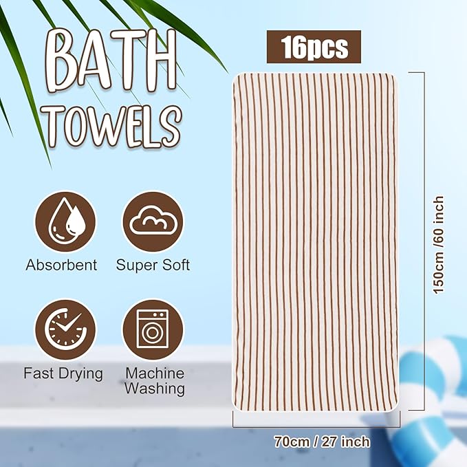 SmoothNovelty 16 Pack Microfiber Bath Towels Bulk 27'' x 60'' Oversized Size Bath Towel Highly Absorbent Extra Large Soft Drying for Beach Shower Summer Salon Sport Gym Party (Stripes,Khaki)