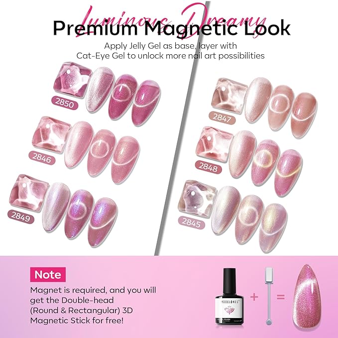Modelones Cat Eye Gel Nail Polish Set, 6 Colors Summer Neutral Nude Pink Pearlescent Glassy 9D Cateye Glitter Gel Polish kit All Skin Tones with Magnet Soak Off LED Nail Art Starter Kit DIY Salon Gift