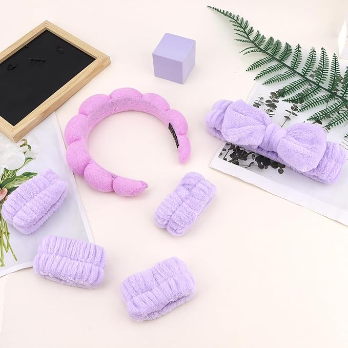 Purple Spa Headband and Wristband Set, 6 PCS Microfiber Skincare Hair Band with Bow & Cloud Design, Soft Elastic Face Washing Accessories for Makeup, Shower Routine
