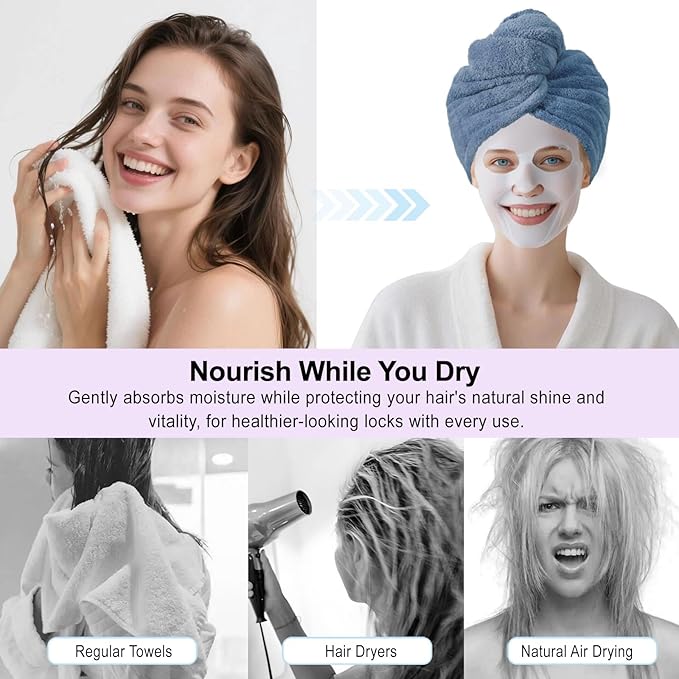 Microfiber Hair Drying Towel Wrap for Women, Hair Turbans Towel for Wet Hair,turbie Twist Hair Towels(The Color of the Picture is for Reference only) (Dark Blue-Double Layer)