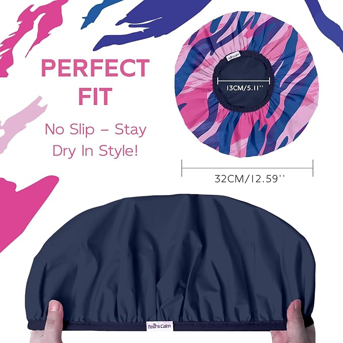 Years calm Waterproof Shower Cap for Women - Double-Layer Reusable Bath Cap with Elastic Band for Long/Short/Curly/Braids Hair, Washable & Travel-Friendly, Fit for Shower, Spa (Stripe Shower Cap)