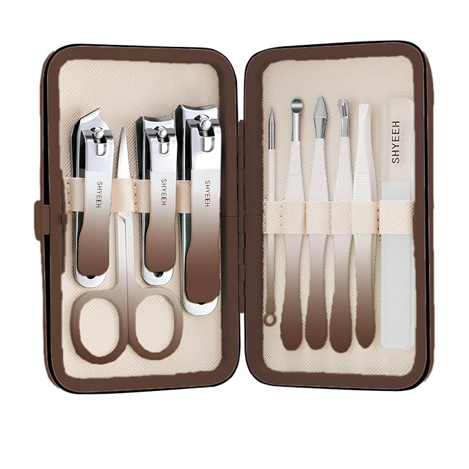 Manicure Set, 10 pcs High-Carbon Steel Nail Clippers Set, Portable Mini Manicure and Pedicure Kit, Travel Grooming Nail Kit with Leather Bag for Men and Women