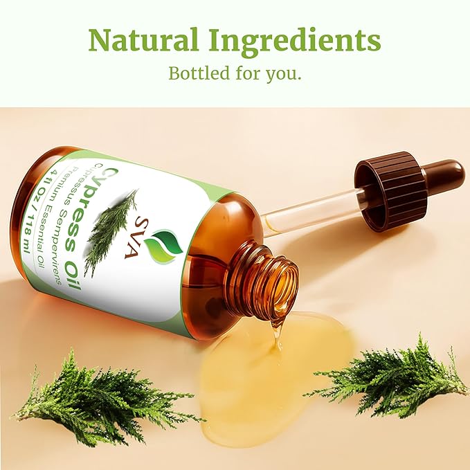 SVA Cypress Essential Oil – 4 Fl Oz – 100% Natural Cypress Oil - for Diffuser, Hair Care, Face, Skin Care, Aromatherapy, Scalp and Body Massage, Soap and Candle Making – with Dropper