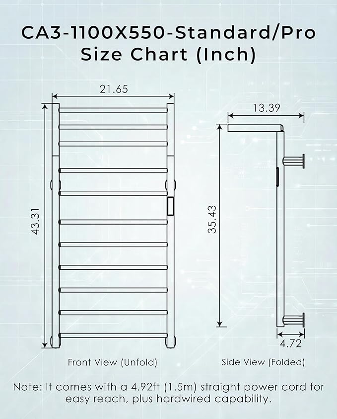 Foldable Heated Towel Rack, Dual-Zone Electric Towel Warmer Rack with Timer, GFCI Plug-in or Hardwired, Wall-Mounted, Drill-Free Installation, Matte White, CA3-1100X550-Standard-MW