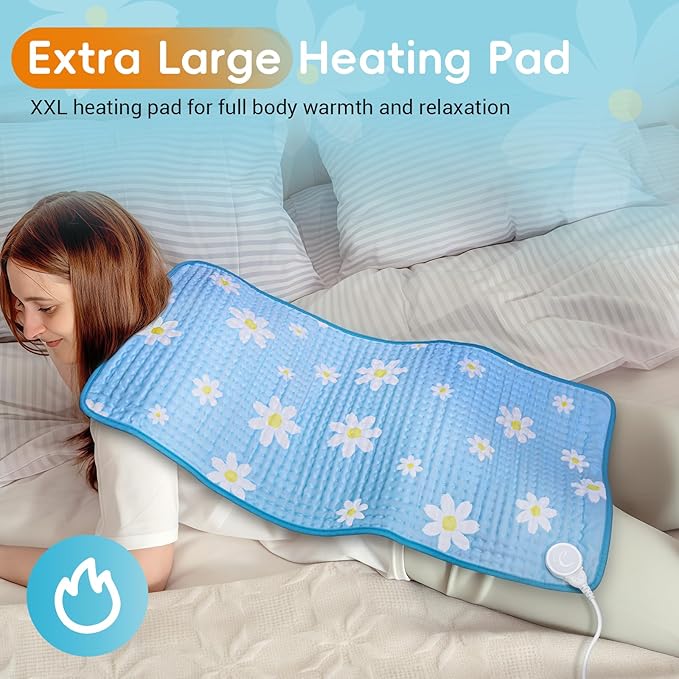 Comfytemp Extra Large Heating Pad for Back & Period, 33''x 17'' King Size Heat Pad Soft and Stylish, Electric XL Shoulder/Neck/Knee Heated Pad, Washable (Blue & Daisy Print)
