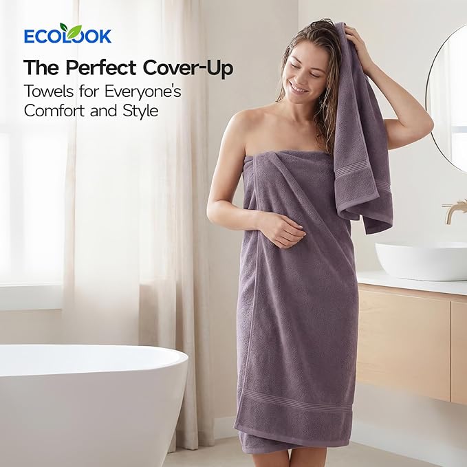 ecolook Bath Towels Set of 4,100% Cotton,27 x 55 Inches,Quick-Drying & Absorbent,Soft,Lightweight Towels for Bathroom,Shower,Spa, Gym & Hotel,Purple