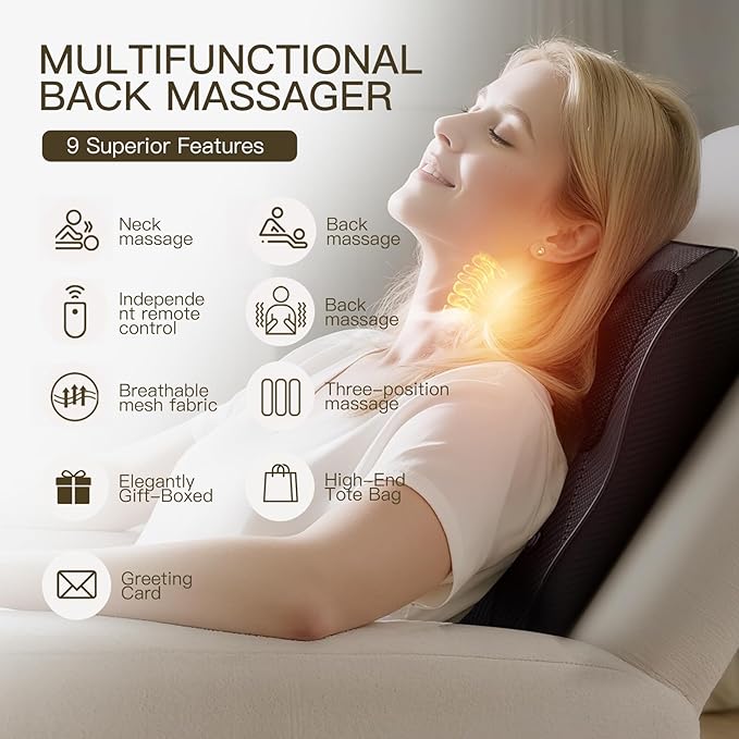Back Massager with Heat, 4D Kneading Electric Massager for Neck Back Shoulder Leg Pain Relief, Cordless Portable Rechargeable for Home Office Car Use on Couch Bed, Valentine‘s Day Gift for Men Women