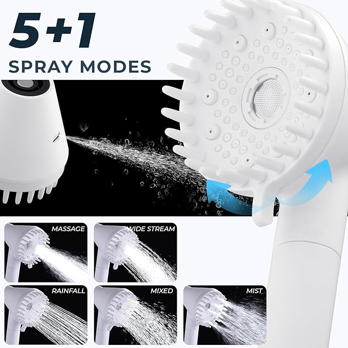 Ryamen 2026 Magnetic Filtered Shower Head with Handheld– High Pressure Showerhead with Power Wash Mode, Chlorine Removal, Massage Brush, Pressure Adjustable, One-Touch Pause (White)