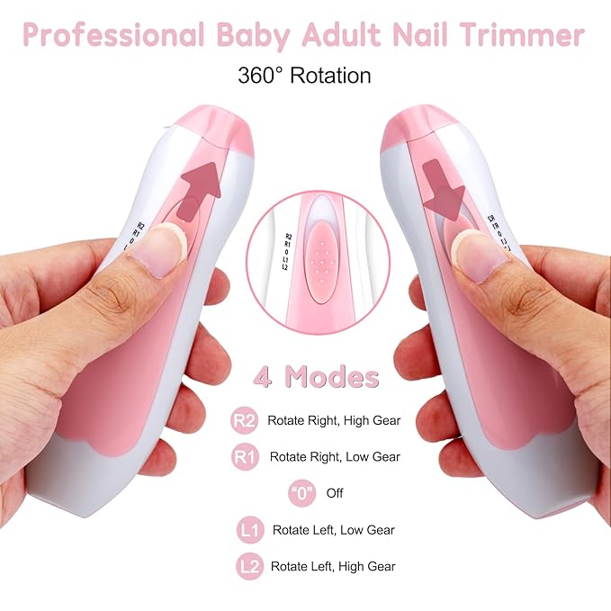 Qunlions life Baby Nail Trimmer File with Light - Safe Electric Nail Clippers Kit for Newborn Infant Toddler Kids Toes and Fingernails - Care, Polish and Trim - Battery Operated (AA), Pink