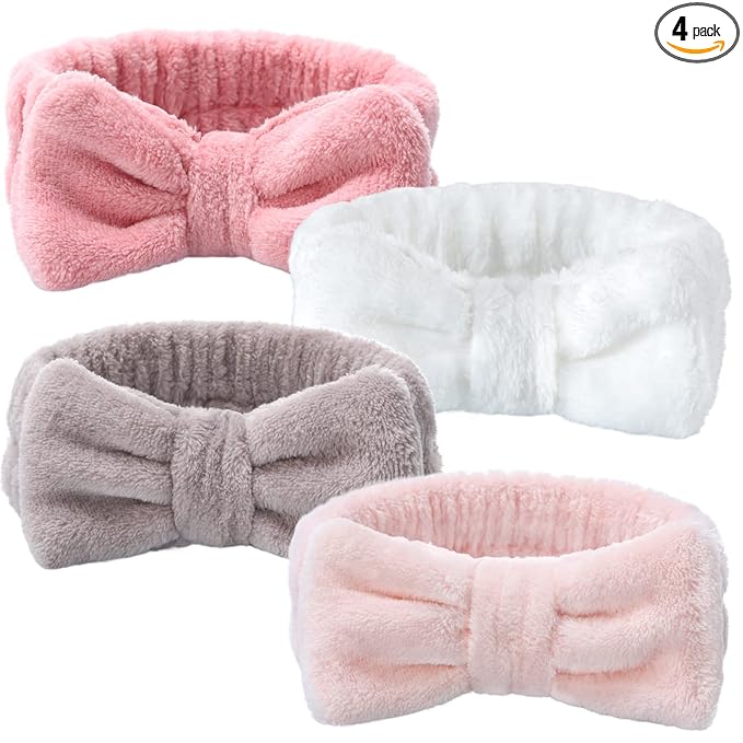 VITEVER 4 Pack Spa Headband for Washing Face, Girls Makeup Bow Tie Hair Band, Microfiber Women Headbands, Elastic Headband to Skincare, Gifts for Teen Girls- White, Brown, Rose Pink, Light Pink