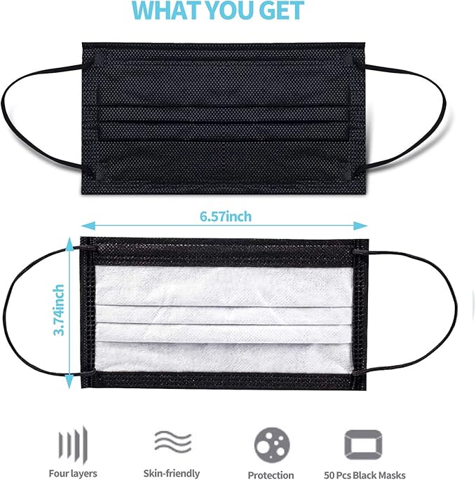 Black Disposable Face Masks 4 Layers Protection 50Pcs, Breathable Dust Mask Mouth Covers for Adult