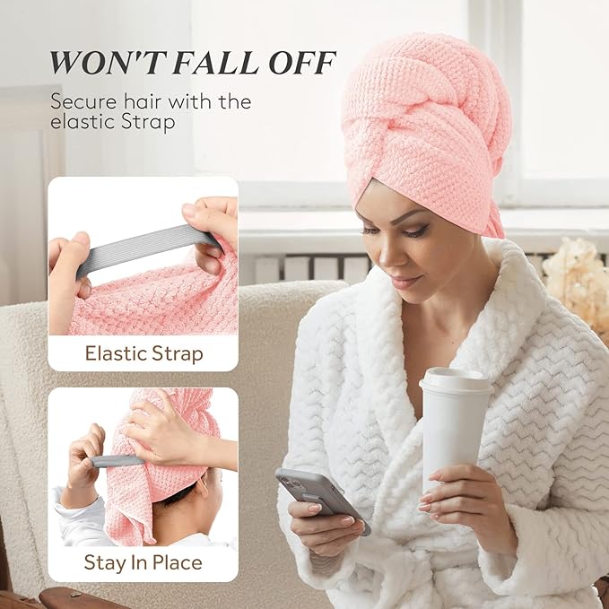 YFONG Large Hair Towel Wrap for Women, Super Absorbent Microfiber Hair Towel for Curly Hair, Fast Drying Hair Turbans with Elastic,Hair Drying Towel Wrap for Hair Care 26.3" X 40" (Pink)
