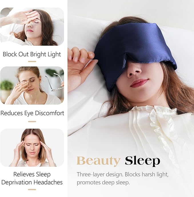 100% Natural Mulberry Silk Sleep Mask, Comfortable Soft for Deep Sleep, Blackout Effect, Wide Adjustable Band, Eye Mask for Women and Men. Ideal for Travel, Office, Daily(Navy Blue)