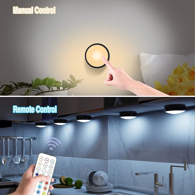 ILYXY LED Puck Lights with Remote, 6 Pack Under Cabinet Lighting, Battery Operated Push Light, Dimmable & Color Changing Tap Lights, Stick-On, Shiny Black