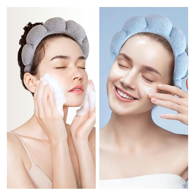 Beleki Spa Headband for Washing Face, Sponge Makeup Headband and Wristband Set Non Slip Skincare Headbands Soft Puffy Headwear Hair Accessories for Women Girls, Gray