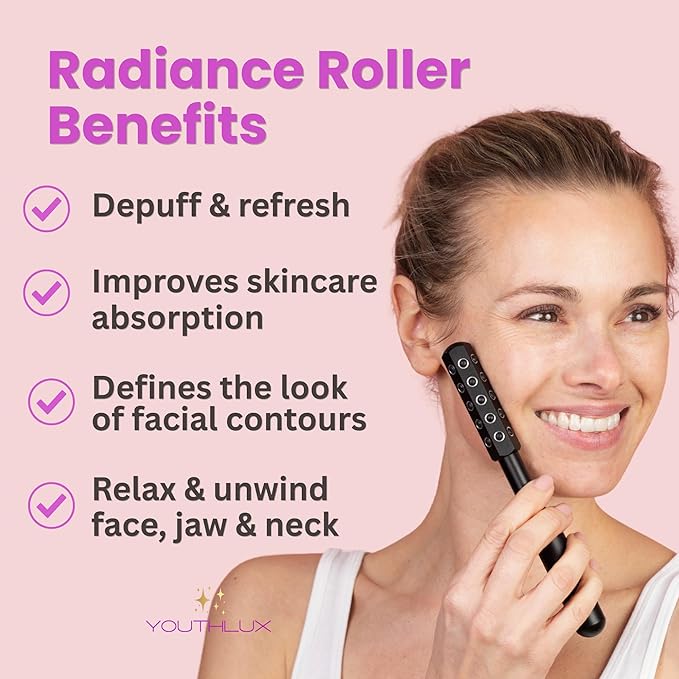 Radiance Roller – Germanium Stone Facial Massage Tool/Wand Face Roller for Lifting, Sculpting, De-Puffing, Glow Boost, Energizing & Cooling Effect (Black)